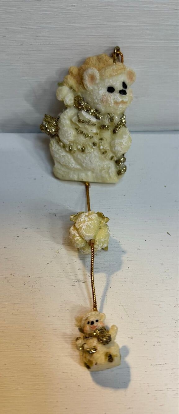 Teddy Bear White and Gold Dangling Christmas Ornament